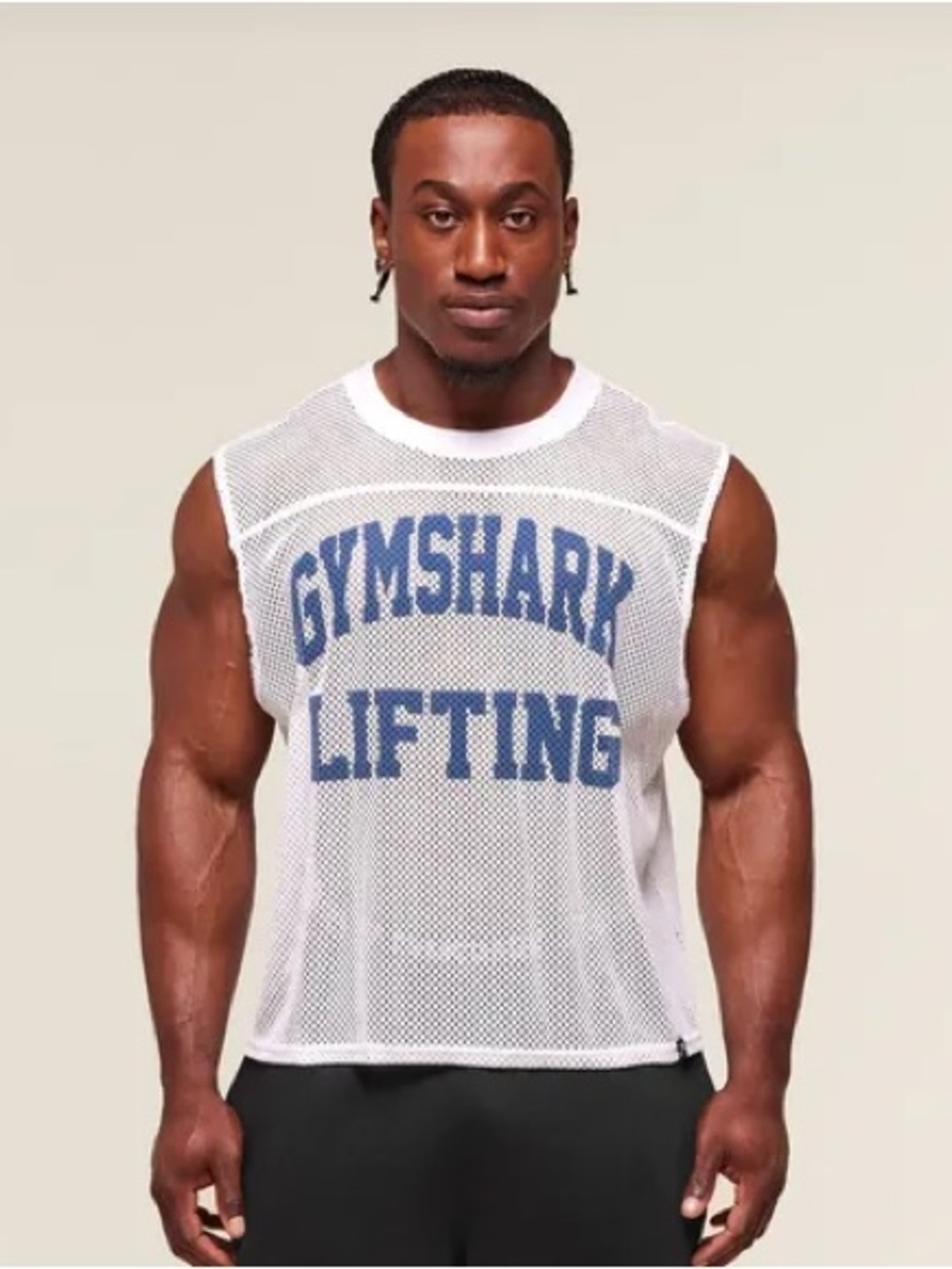 Gymshark White Mesh Lifting Tank with Blue Logo